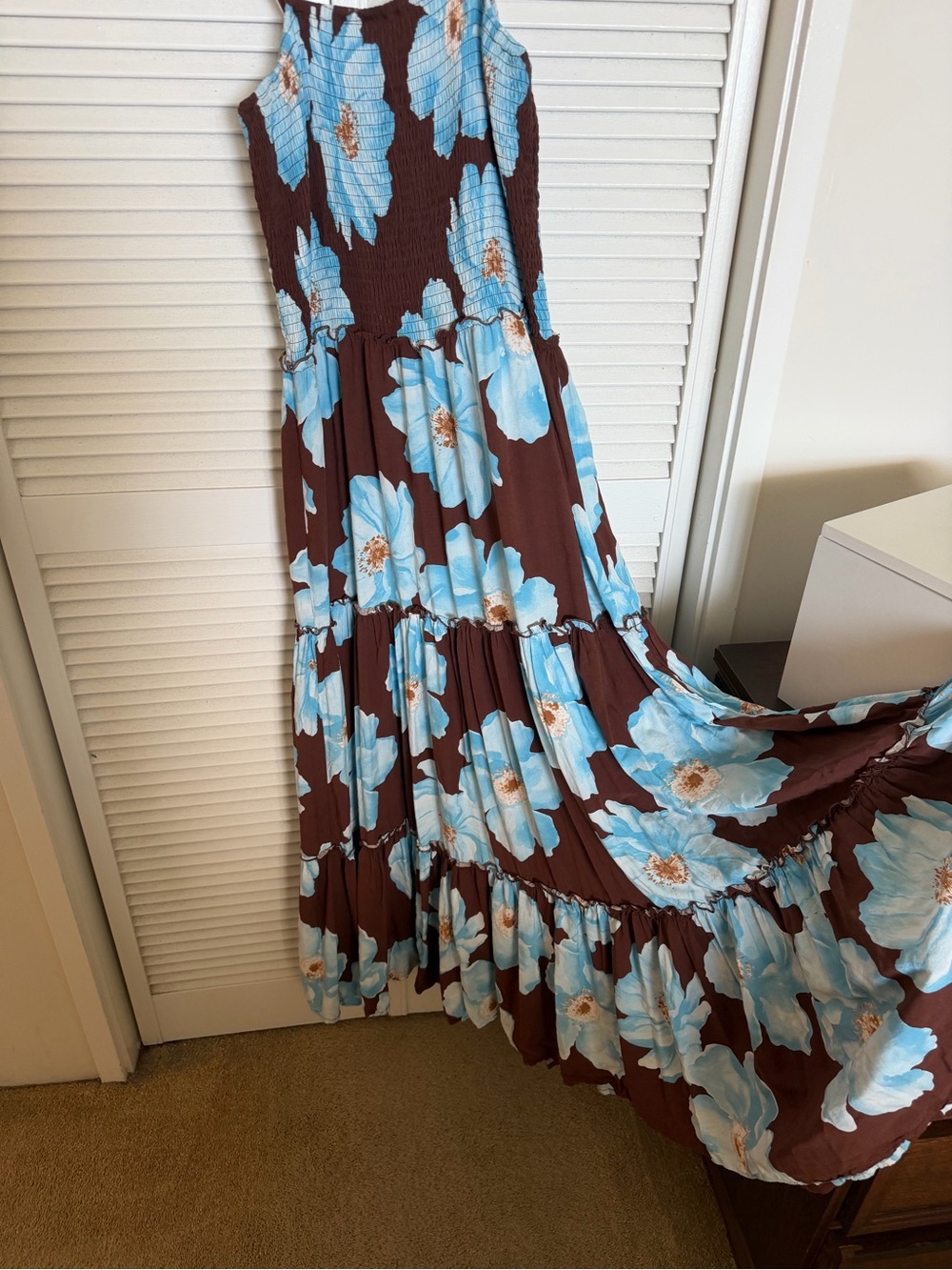 Brown Maxi Dress with Large Blue Floral Print